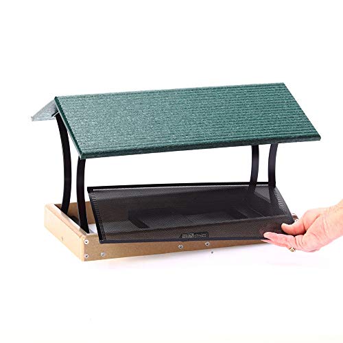 Birds Choice SNFT-300 Fly-Thru Feeder, Recycled Pole Mounted Bird Feeder, Large, Taupe/Green | Recycled Plastic Platform with Roof, Welcomes Cardinals, Jays and Other Wild Birds, 19in x 15.75in x 13in