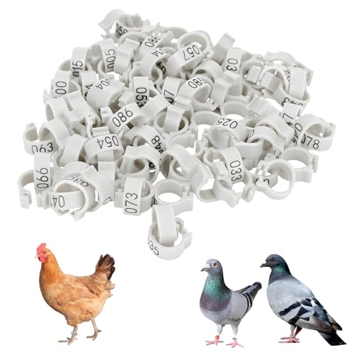 Cyrank 100pcs Birds Foot Rings, 12mm 001‑100 Numbered Pigeon Leg Bands Ring Plastic Foot Bands Clip on Leg Rings for Chicks Opening Foot Ring for Pigeon Chicks Duck Dove(White)
