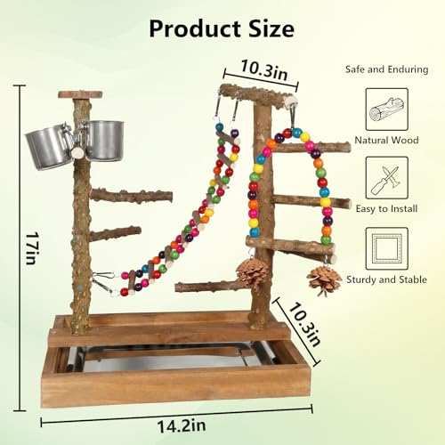 Wooden Bird Play Stand Parrots Playground Perch Stand with Bird Ladder Chewing Toys and 2 Stainless Steel Cups (Brown) - color: Brown