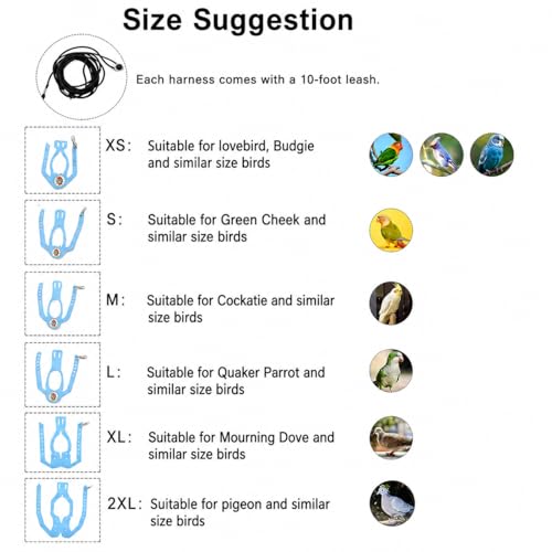 Bird Harness and 3M Elastic Flight Leash, Adjustable Parrot Harness for Budgies, Parakeets, Lovebirds, Cockatiels, Conures, Quaker Parrots, Pigeons(Blue, M) 6350-23 - color: Light Blue, size: M,for Cockatiel and similar size birds