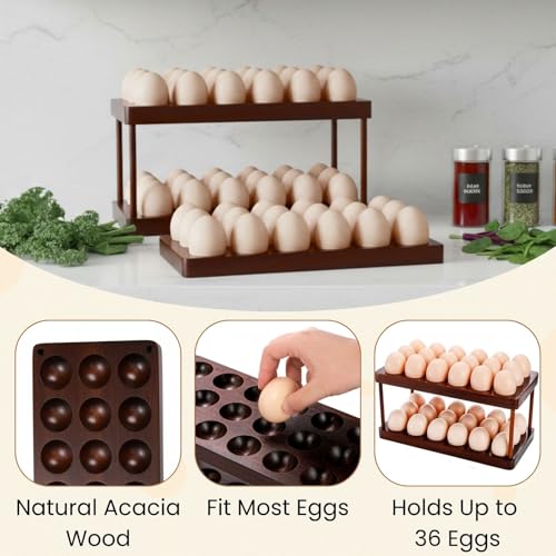 Acacia Wooden Egg Holder with Double Layers, Detachable Wooden Egg Tray Holds 36 Fresh Eggs, Countertop Storage Rack for Gathering Fresh & Easter Eggs, Rustic Decor