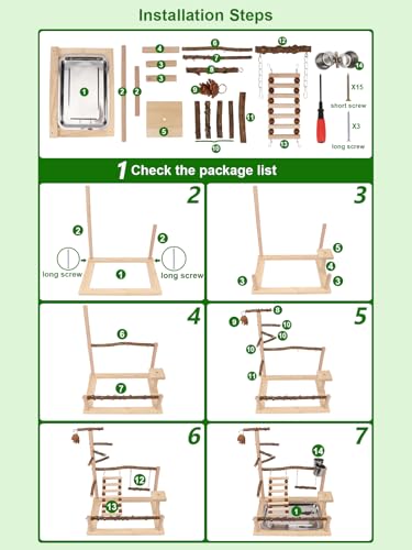 Wontee Bird Playground Wooden Bird Perch Stand Ladder Swing with Removable Tray & Feeding Cups for Budgies Parakeets Caique Senegal Cockatiels Conures