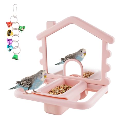 3 in 1 Bird Mirror with Perch Stand,Parrot Mirror for Cage,Bird Swing Toys for Cockatiels,Lovebirds,Conures,Parakeets-Helps Birds Release Stress (Pink) - color: Pink