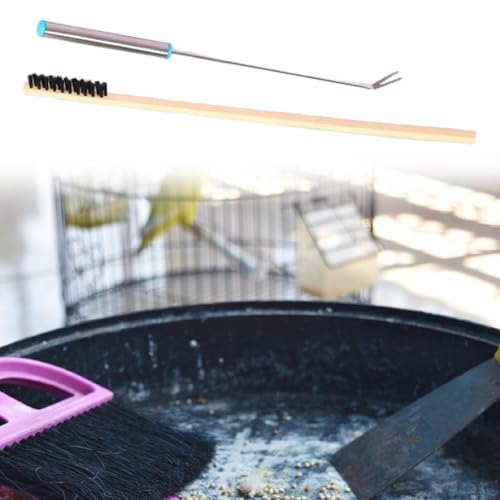 2Pcs Bird Cage Cleaners,Cleaning Fork and Brush Portable Removers Cleaning Tools for Parakeet Perch Stand Bird Droppings, Silver Handle - color: Silver Handle