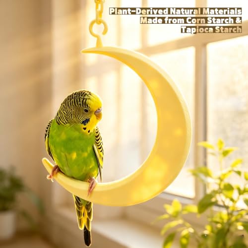 Hanging Moon Bird-Swing Perch, Parakeet Swing Toys with Chain, Grinding Claw Beak Cage Accessory for Small Parrots - color: Yellow Moon
