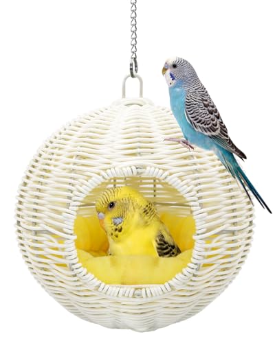 Chewproof Steel Frame Bird Nest for Cage, Washable Small Bed Hammock | Bird Hideout Lay Eggs Parakeet Nest Sleep Rest, Parakeet Warm Bed House Hut for Lovebird, Canary, Budgie, with Cushion - color: S-Long Chain-white for Small Birds