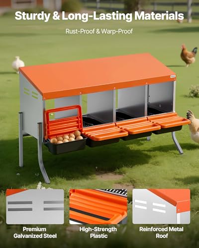 VEVOR Chicken Nesting Boxes, 4 Compartments, with Support Legs, Easy Egg Collection, Galvanized Steel and High-Strength Plastic, Roll Away Nesting Boxes for Chickens and Hens Laying Eggs, Orange - size: 41.7"L x 20.7"W x 26.6"H
