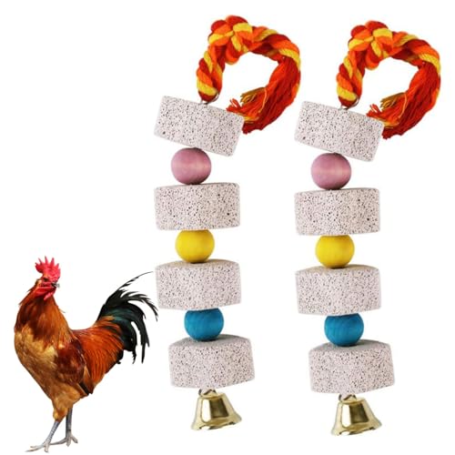 2 Pcs Large Chicken Chewing Toy with Bell Chicken Coop Accessories Chick Beak Grinding Calcium Stone for African Greys Amazon Conure Eclectus Budgies Parakeet Cockatiel Hamster
