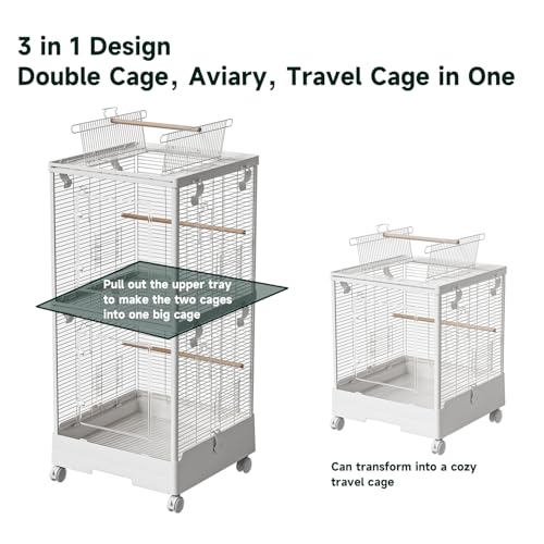 40 Inch Medium Small Bird Double Cage for Parrot Lovebirds Finches Canaries Parakeets Cockatiels Budgie Parrotlet Conures, w/Detachable Standing Perches, Snow White