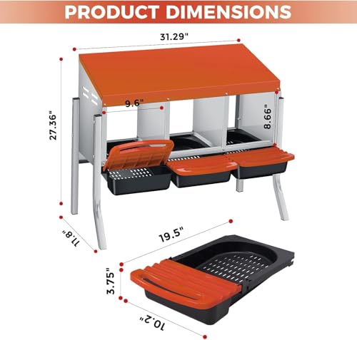  Chicken Nesting Box with Cleanable Pull Out Trays, 3 Hole Roll Away Nesting Box for Laying Hens, Wall Mount or Placed Design for Easy Egg Collection ﻿ - color: Orange, size: 3 Holes with legs