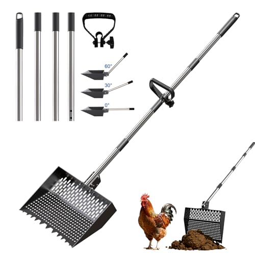 2-in-1 Chicken Poop Scooper & Rake 12-Inch Large Metal Shovel Head Adjustable Stainless Steel Handle (24 to 64") Litter Sifting Shovel Cleaning Tools for Chicken Run, Animal Farm (Black) - color: Black