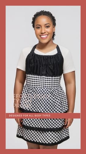 Lovely Flower Pattern Retro Aprons With Large Pockets for Women Girls Cooking Kitchen Bakery Mother's Gift - color: Black Plaid