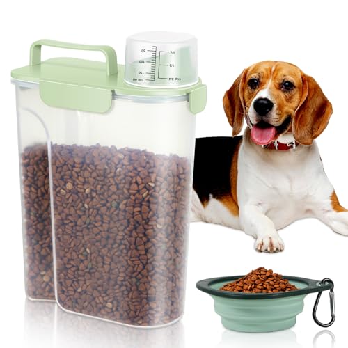 5 Lbs Pet Dog Food Storage Container for Travel Bird Seed Dispenser - Green | Portable Cat Food Containers with Collapsible Bowl 10 Lbs Rice Bin Airtight Cereal Oatmeal Flour Holder with Large Pour Spout - color: Pale Green-5L