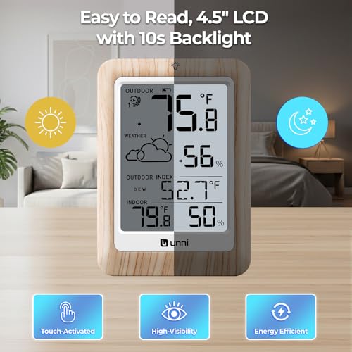 Indoor Outdoor Thermometer Wireless Weather Station, Temperature Humidity Monitor Battery Powered Inside Outside Thermometers with 330ft Range Remote Sensor and Backlight Display（Wood） - color: Wood