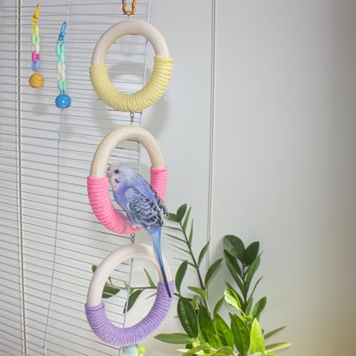 3-Ring Bird Wooden Swing Climbing Toy Chewable Cotton Rope Perch for Cage | Cockatiels Budgies Parakeets Lovebirds, Easy to Install & Clean, Multi-Play