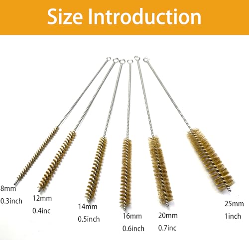 6pcs Brass Tube Pipe Cleaners Brush Set 0.3"-1" | Tube & Metal Pipe Cleaner , Small Round Bristle Brushes for Cleaning Engine Parts, Bottles & Bore - Heavy Duty Cleaning Kit
