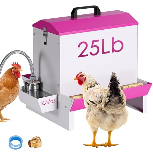 25Lb Metal Chicken Feeder and Waterer Set Automatic No Waste Galvanized Poultry Duck Feeder with Auto Water Dispenser for Outdoor Coop