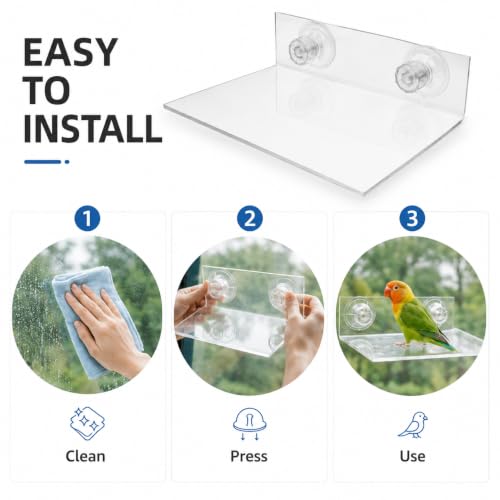 HANABASS Suction Cup Bird Perch Platform for Window and Shower, Acrylic Clear Flat Parrot Stand for Parakeet Cockatiel Macaw, Portable Wall Mounted Accessory
