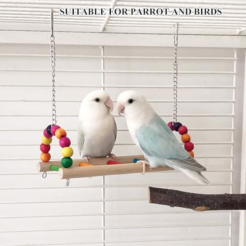 2 Pack Bird Perch Platform Swing, Parrot Wooden Toys Bird Cage Accessories, Hanging Hammock Stand for Parrots, Parakeets, Budgies, Conures, Cockatiels & Lovebirds