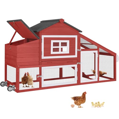 GUTINNEEN Chicken Coop with Wheels,Outdoor Hen House with Waterproof Asphalt Roof, Wooden Poultry Enclosure with Easy-Clean Slide-Out Tray,Poultry Cage with Nesting Boxes for Duck Rabbit Chicken-Red - size: 67.3"L x 26"W x 39.4"H-Red