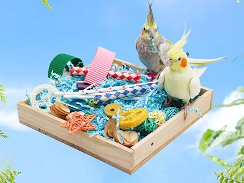 Jinkoozz Bird Foraging Toys Box, Wooden Parrot Shredding Toys Box, Bird Chewing Toys, Birdcage Accessories, Suitable for Small Birds Parakeets Cockatiels Love Birds Conures
