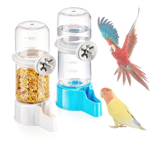 2 Pcs Parakeet Water Dispenser, Automatic Bird Water Dispenser Hanging Feeder, No Drip Bird Cage Water Fountain for Parrots, Finches, Small Pet Birds, Easy to Install and Use(White, Blue)