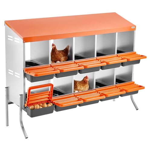 VEVOR Chicken Nesting Boxes, 10 Compartments, with Support Legs, Easy Egg Collection, Galvanized Steel and High-Strength Plastic, Roll Away Nesting Boxes for Chickens and Hens Laying Eggs, Orange - size: 52.0"L x 20.7"W x 39.0"H
