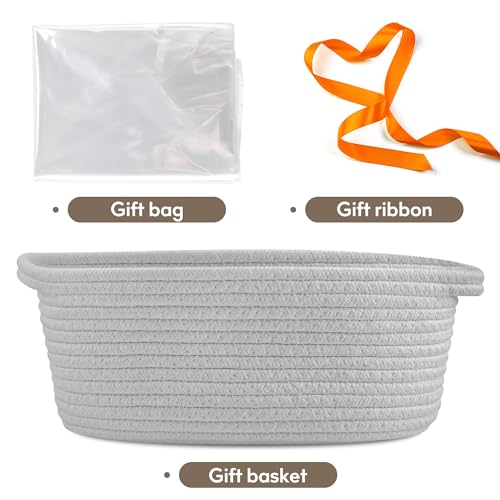 Pro Goleem Small Woven Basket with Gift Bags and Ribbons Durable Baskets for Gifts Empty Small Rope Basket for Storage 12"X 8" X 5" Baby Toy Basket with Handles, Gray - color: grey