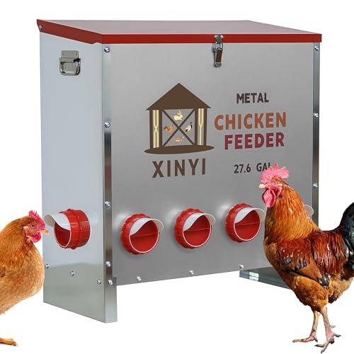 XINYI Automatic Metal Chicken Feeder, 27.6 Gallon Large Capacity with 10 No Waste Ports, Gravity Feeder with Locking Lid & Riveted Handles, Rodent Proof and Weatherproof for Your Chicken Coop - size: 10 ports