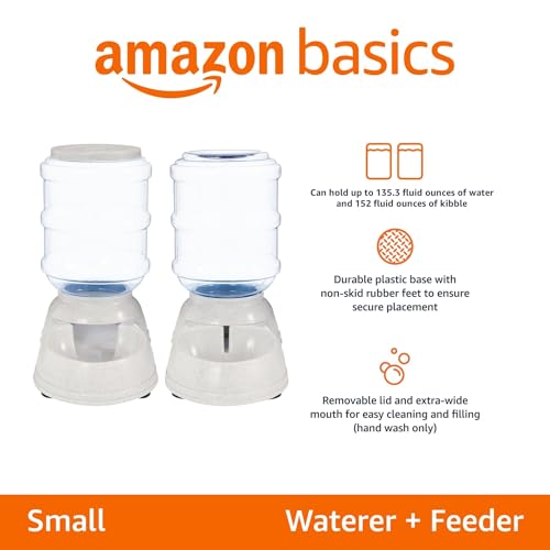 Amazon Basics Automatic Pet Water Dispenser and Gravity Food Feeder Set for Cat and Dog, Easy to Clean, 152fl.oz food feeder, 135.3fl.oz water dispenser, Small, Pack of 2 - size: Small, style: Waterer + Feeder