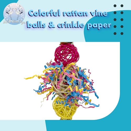 1701 Rainbow Rattan Bird Toy with Jute and Crinkle Paper – Shredding and Foraging Fun for Parakeets, Cockatiels, Conures, and Small Parrots – Natural Bird-Safe Toy for Cage Enrichment