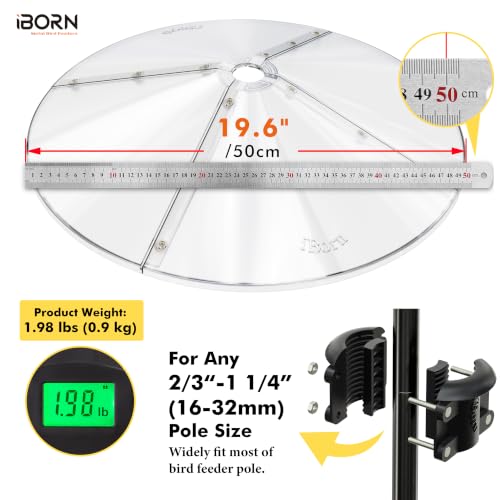 iBorn Squirrel Baffle for Bird Feeder Pole, 19.6” Oversized Squirrel Guard Defender, Bird Feeder for Outdoors Protector, Polycarbonate(PC), Pack of 1, Clear - color: 19.6Inch, Clear, Chew-Proof PC, Pack Of 1