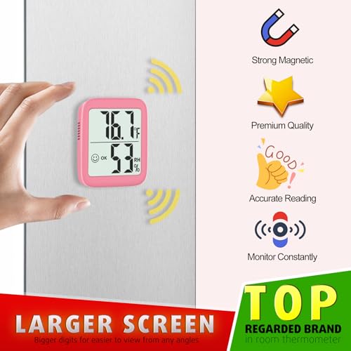 2 Pack Room Thermometer Indoor Hygrometer | Monitor Temperature & Humidity, Accurate, Fast Read, Easy To View, Magnetic/Kickstand/Hanging, ℉/℃, w/ Battery, Compact - color: 2 Pcs* Pink