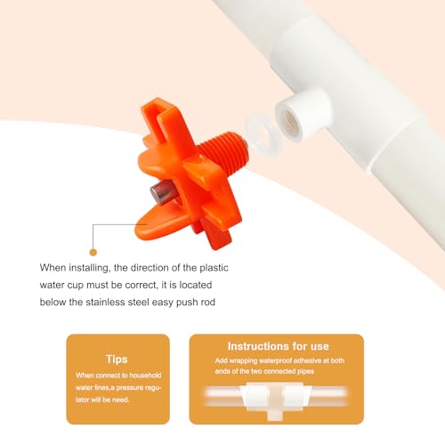 Horizontal Chicken Waterer Nipples with 1/2 PVC Tee Fittings DIY Automatic Chicken Watering System Kit (Orange, 6Pcs) - size: 6