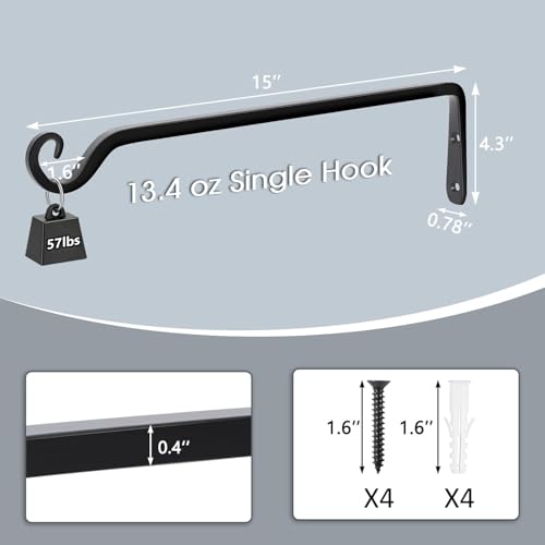 Gtongoko 15" Heavy Duty Outdoor Plant Hanger Wall Bracket, 2 Pack | 57lb Capacity,Rust-Resistant Finish,Easy Installation,Fit Hanging Baskets,Ideal for Bird Feeders & Lanterns - size: 15 Inch, style: L-shape