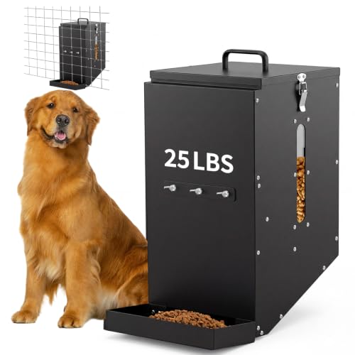 25 Lbs Hanging Automatic Dog Feeder for Large Dogs, Heavy Duty Metal Gravity Food Dispenser, Mounted Pet Cage Feeder for Breeds, Kennel, Outdoor Fence, Rabbit, Chicken, Ferret, Chinchilla
