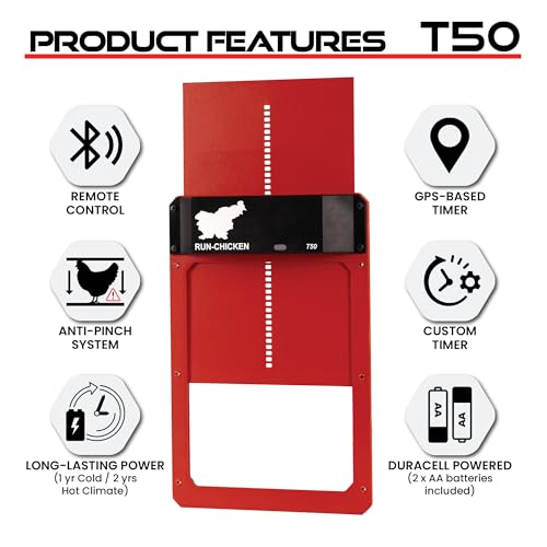Run-Chicken Door T50 – Automatic Chicken Coop Door Opener, Battery Powered & Weatherproof Aluminum, Smart App & Timer Control, Predator Proof, Easy Install, Reliable All-Season Performance (Red)