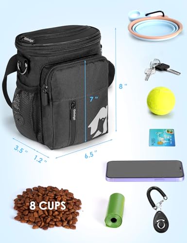 8 Cup Dog Treat Pouch with Training Clicker(Full Black) | 3 Ways to Wear/ Built-in Poop Bag Dispenser/ Zipper Front Pocket Phone Friendly Treat Bag for Pet Training & Walking - color: Full Black