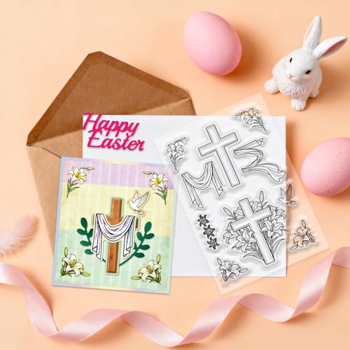 GLOBLELAND Easter Cross Clear Stamps and Metal Die Cuts Spring Flower Transparent Stamp Lily Lace Trim Cutting Dies for Card Making Embossing Scrapbooking - style: Easter Lily Cross