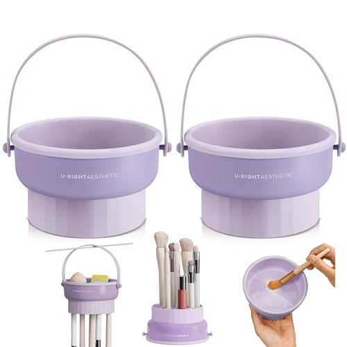 GOLIKEE 2 Pack Makeup Brush Cleaner Mat 3 in 1 Silicone Makeup Brush Cleaning Bowl Makeup Brush Sponge Scrubber Tool for Cleaning, Storage and Upside Down Drying, (Two Purple) - color: Purple