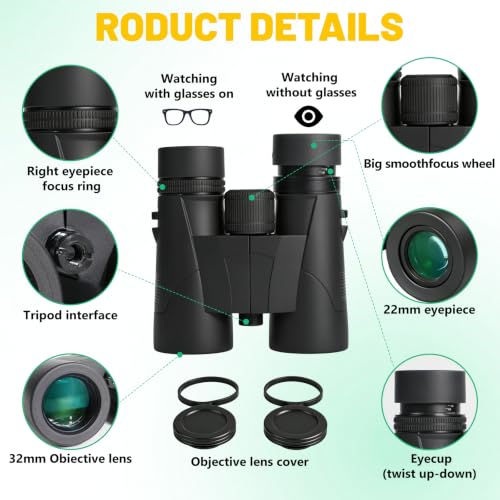 8x32 Binoculars for Adults High Powered with Phone Adapter | Large View Binoculars with Clear Low Light Vision BAK4 Prism FMC Lens Compact Binocular for Bird Watching Cruise Travel