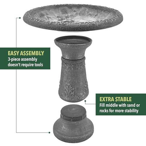 Arcadia Garden Products BB05 Fiberclay Bird Bath Outdoor Garden Decor, Antique Vintage Weather Resistant Water Bowl for Backyard and Patio and, 20-inch Tall, Black - color: Gray