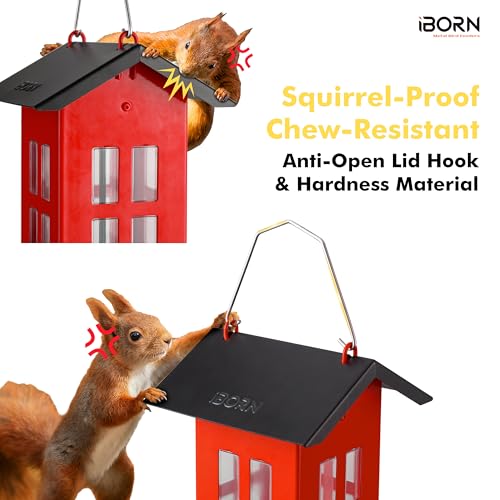 iBorn Bird Feeder House, Metal Bird Feeders for Outdoors Hanging,Double-Sided Metal Hanger & Weatherproof, Easy to Clean & Refill, 2.2 Lbs Capacity, Red - color: Red