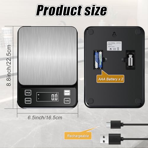 Waterproof Kitchen Scale, 10kg/22lb Food Scale Precisely Measures Grams and Ounces for Baking and Cooking, Stainless Stee Digital Scale with Backlight for Food - style: Rechargeable / 22lbs