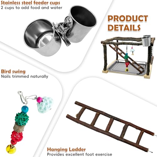 Tfwadmx Parrots Playstand Bird Play Gym Cockatiel Playground Wood Perch Stand Climb Swing Ladders Chewing Toys with Feeding Cups Exercise Activity Center for Conure Cockatiel Lovebirds
