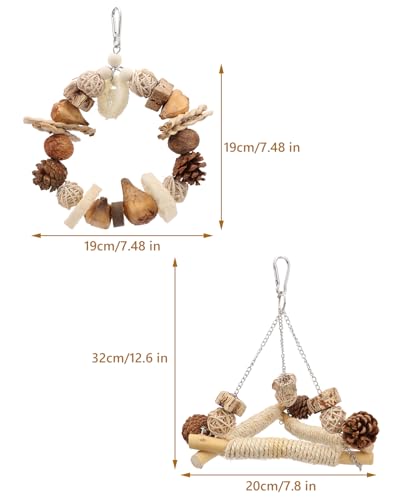 Hypeety Bird Swing for Cage Sisal-Wrapped Wooden Perch with Chew Toys | Natural wood, stable triangle design, easy to hang, with round swing, balance training toy, for lovebird/conure/quaker, 2pcs