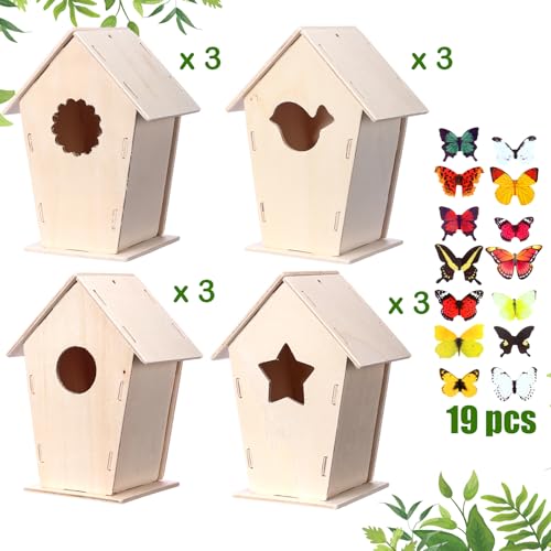 Outus 12 Pcs 5 × 7 Inch DIY Wooden Birdhouse Kit for Kids, Art Painting Bird House Craft Kit Unfinished Bird House Craft for Easter, Kids with Butterfly Sticker Gift 4 Shapes Summer Arts (Vintage) - style: Vintage