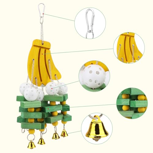 Hypeety Large Parrot Hanging Swing Toy Bells Chew Toy Colorful Hanging Wood Block Parrot Macaw African Greys Cockatiels Budgies Conure Banana Shape Natural Birds Cage Hanging Toy - color: Banana