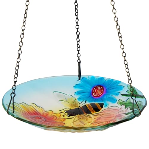 Alpine Corporation KBD126 Outdoor Hanging Glass Bird Feeder and Birdbath, Floral and Bee Bowl Design with Chain, 10" W - style: Floral and Bee