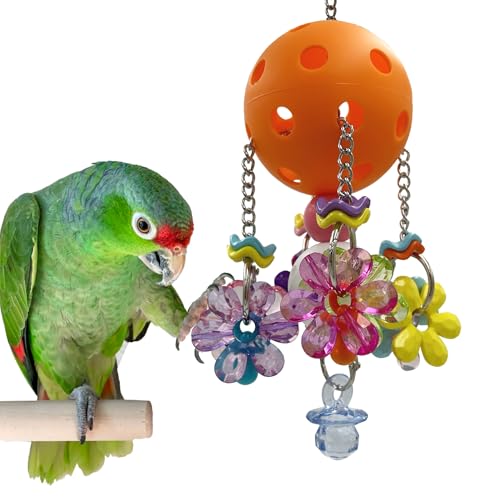 Pullable Bird Plastic Ball Toys with Acrylic Pacifiers and Flowers, Colorful Parrot Toys for Medium and Large Parrot Quaker Monk Parakeet Sun Conures (Orange) - color: Orange